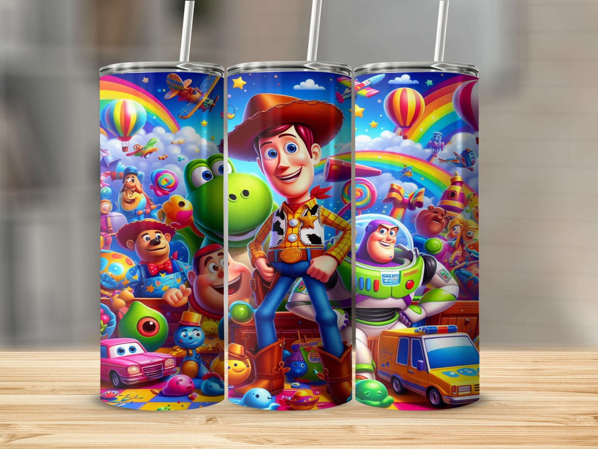Woody, Buzz Lightyear, and friends on a colorful Toy Story tumbler.