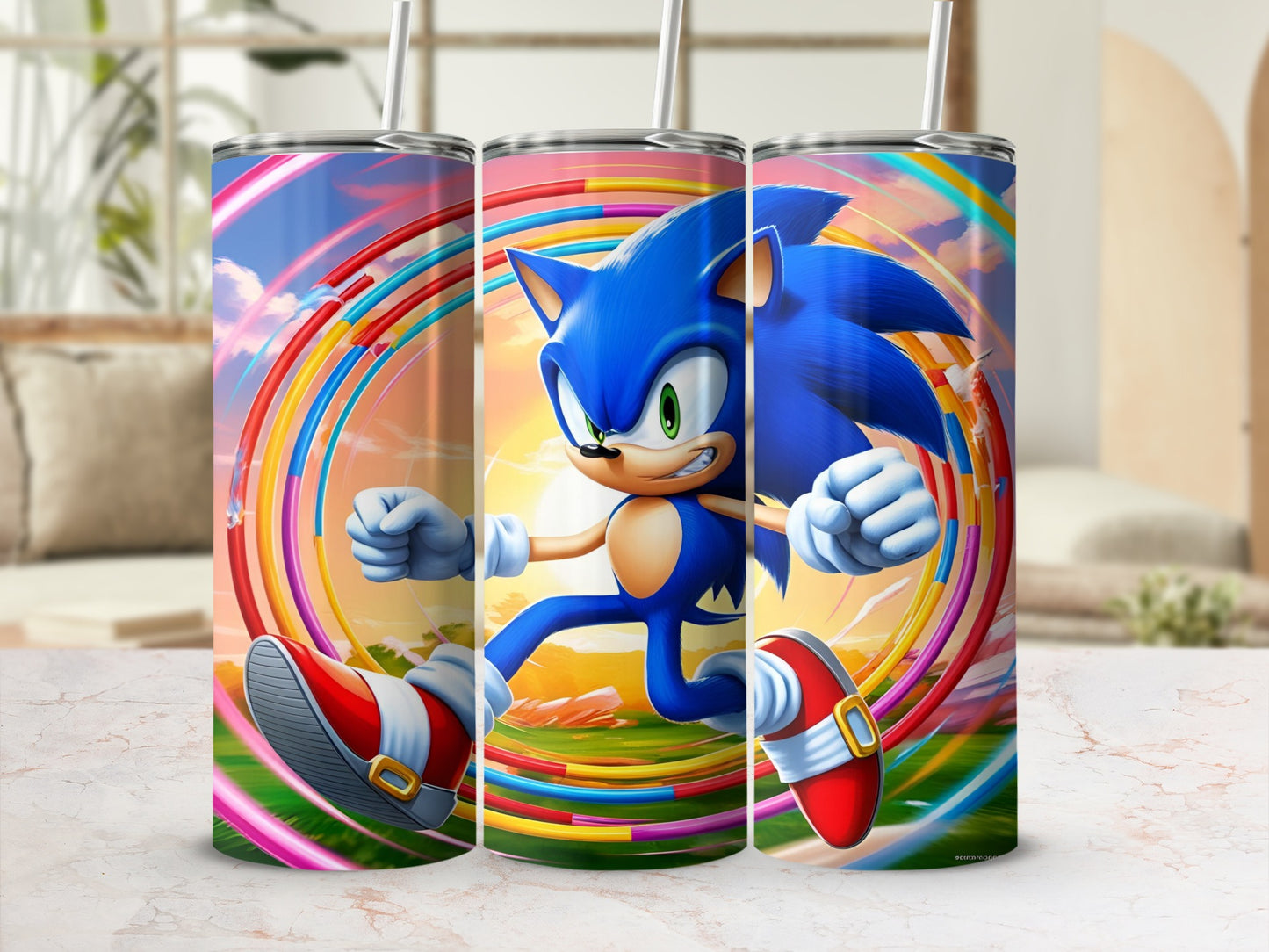 Sonic the Hedgehog running at high speed with colorful rings and a blurred background.