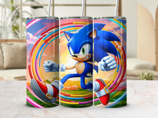 Sonic the Hedgehog running at high speed with colorful rings and a blurred background.