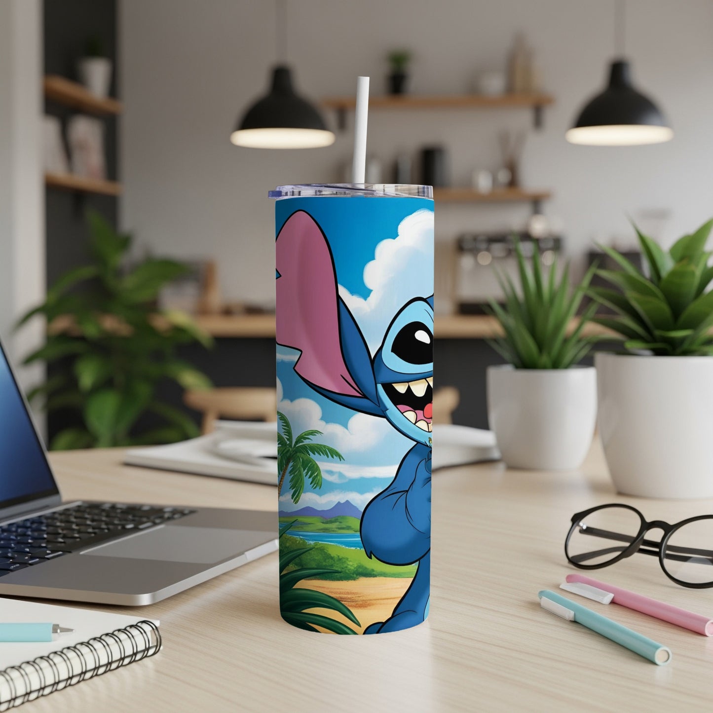 Stitch character smiling on a beach scene on a blue tumbler.