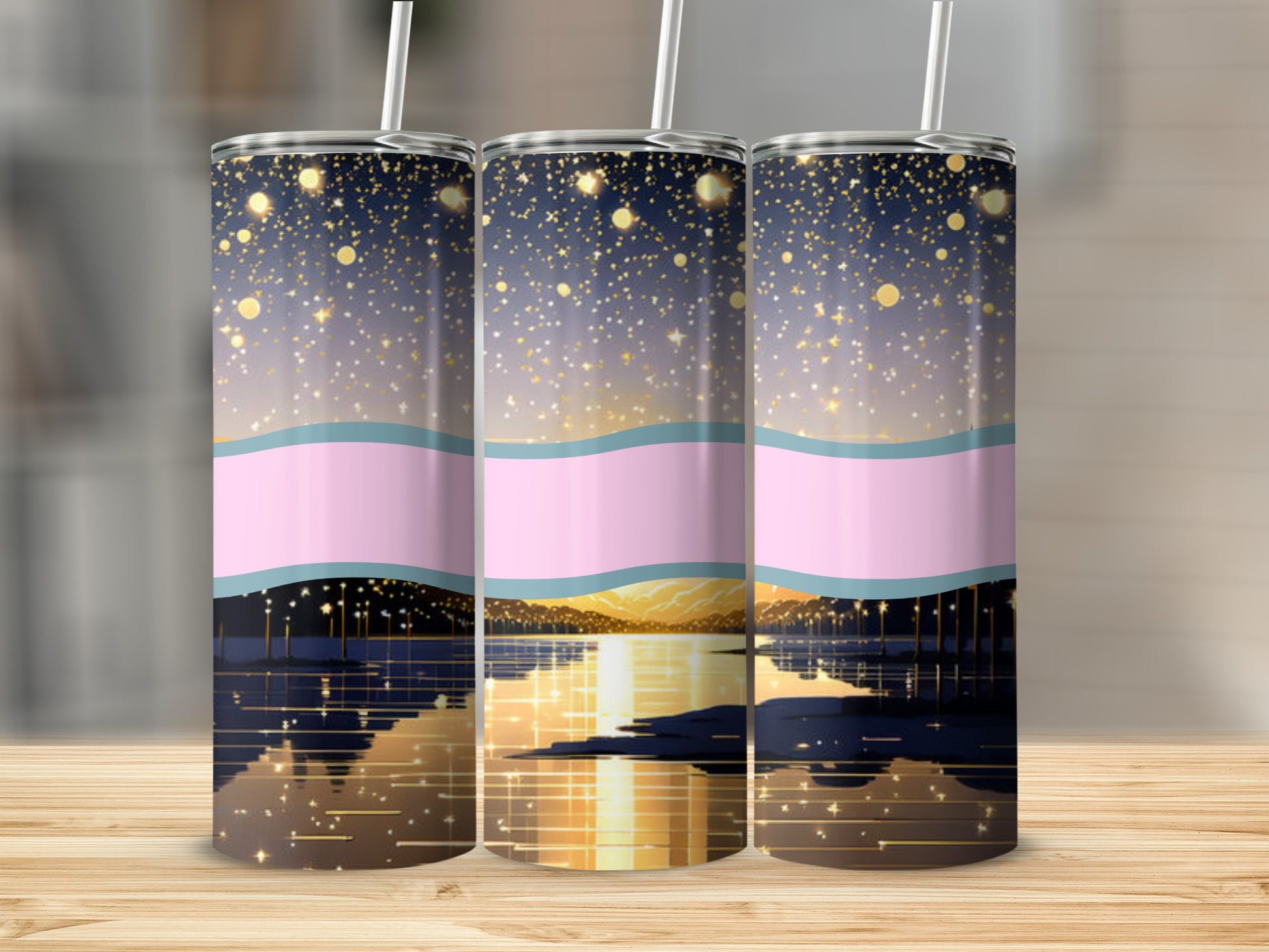 Three tumblers with a night sky and reflected lights design.