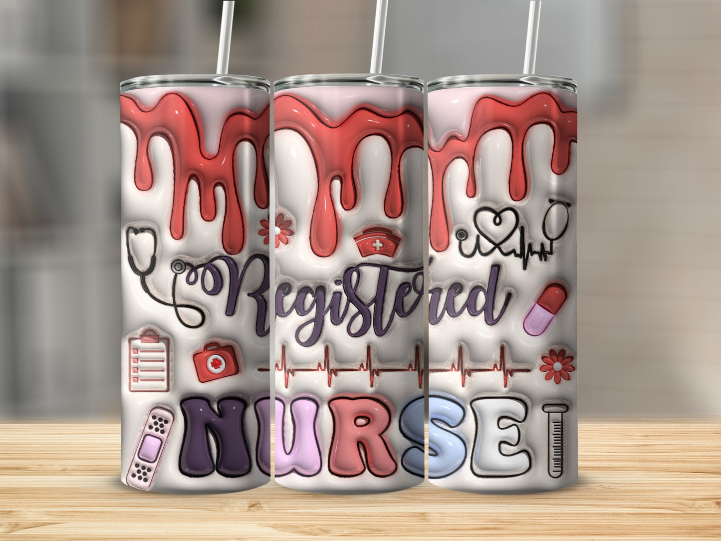 Registered Nurse tumbler with medical icons on a wooden surface.