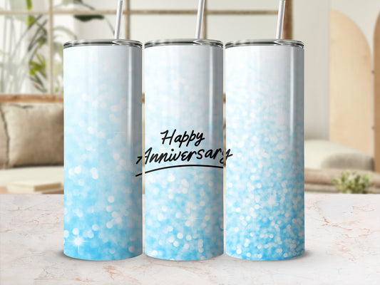 Three blue glitter tumblers with "Happy Anniversary" text.