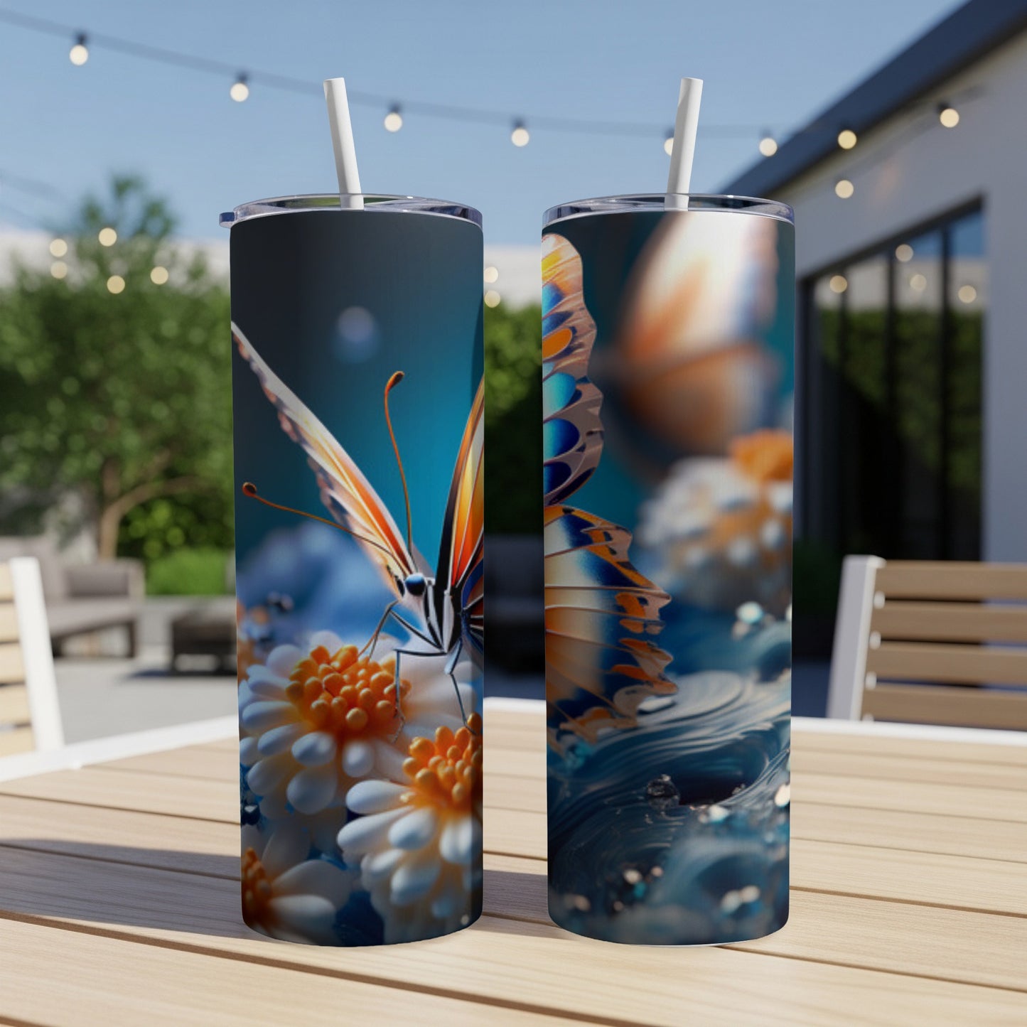 Two tumblers featuring a vibrant butterfly on a floral pattern.