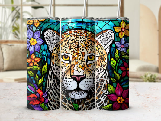 Leopard face with stained glass floral border on three tumblers.