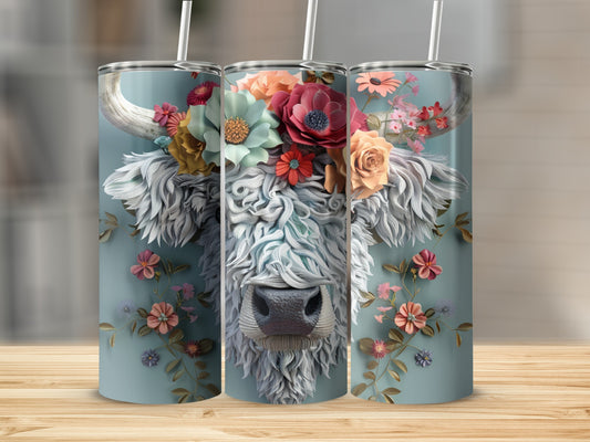White Highland cow with floral crown on a blue background.