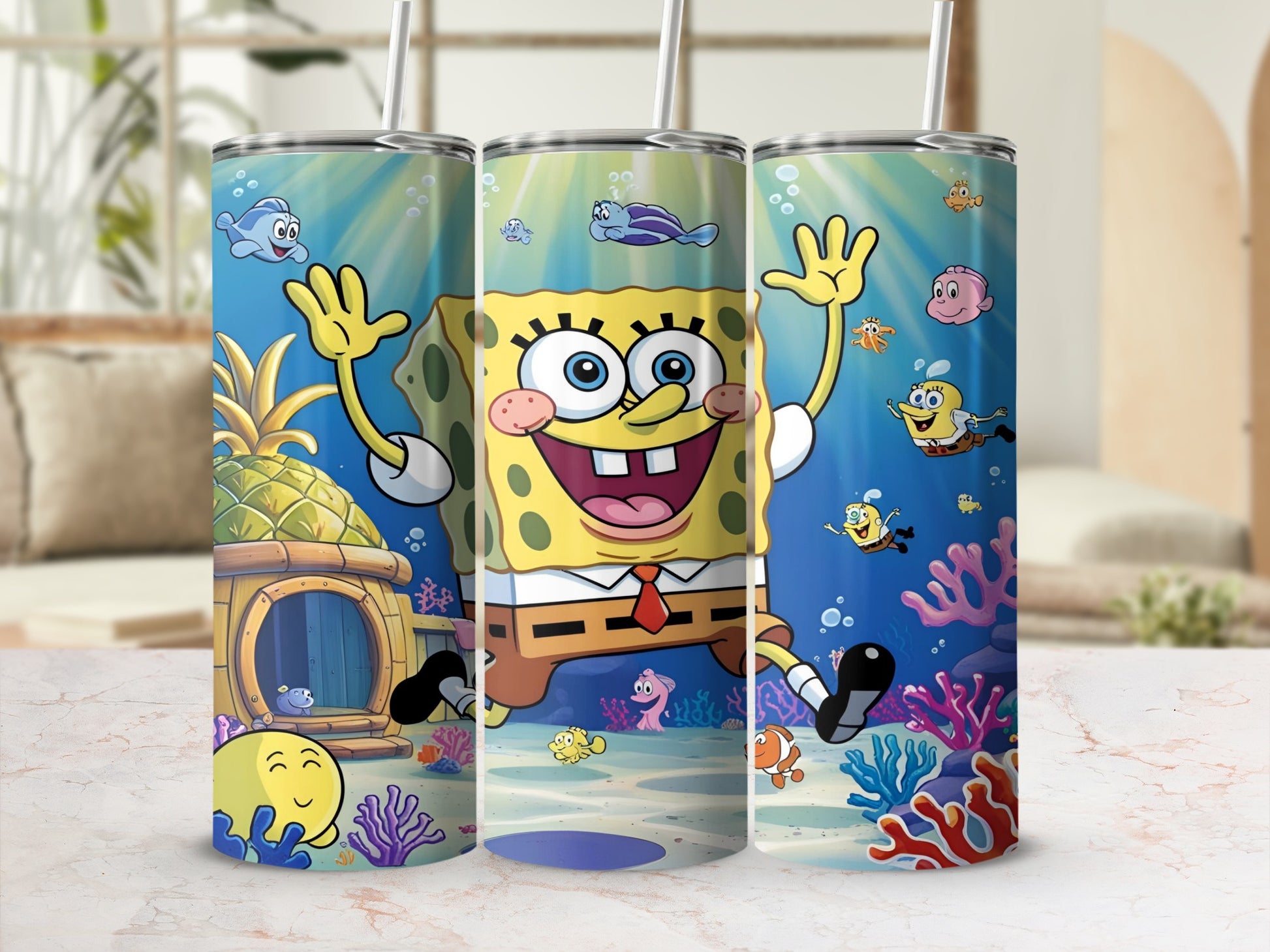 SpongeBob SquarePants with pineapple house and friends underwater scene.