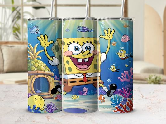 SpongeBob SquarePants with pineapple house and friends underwater scene.