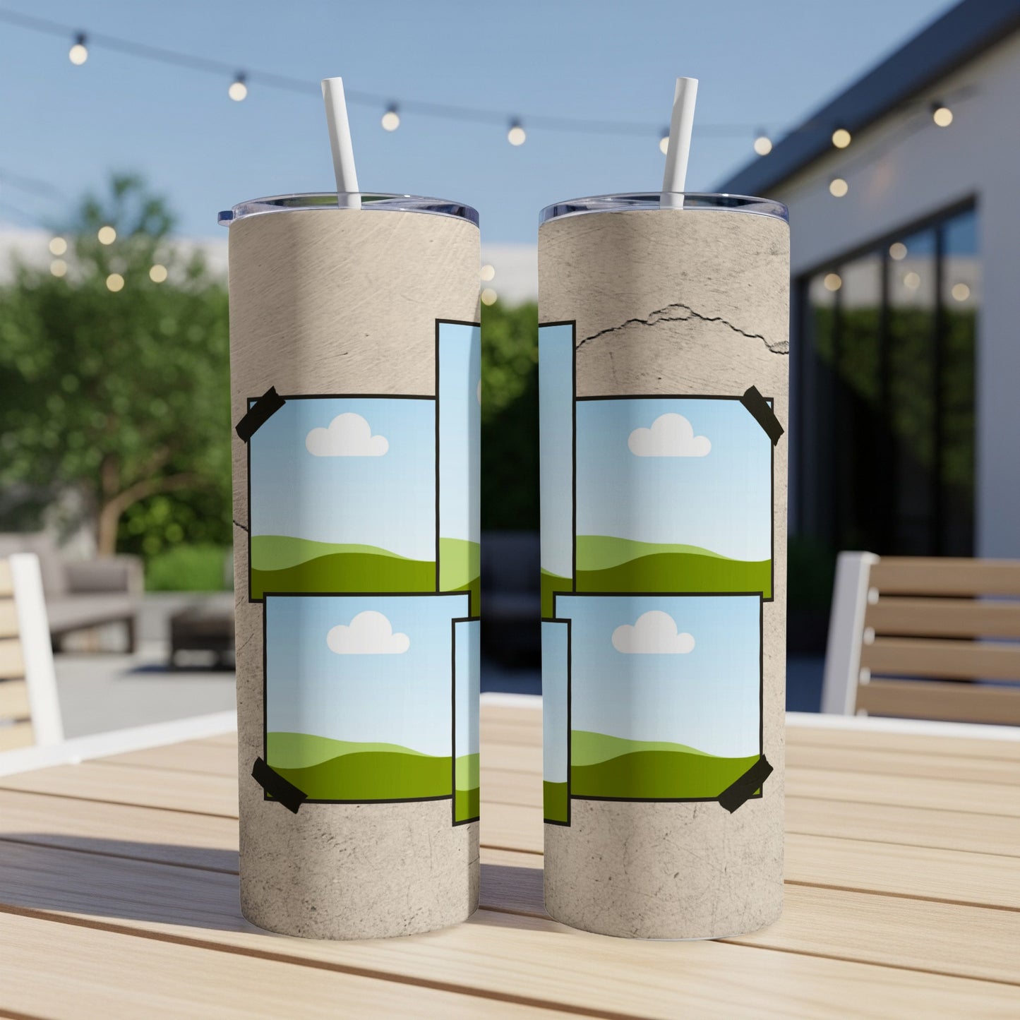 Two tumblers with taped-on framed landscape photos of clouds and hills.
