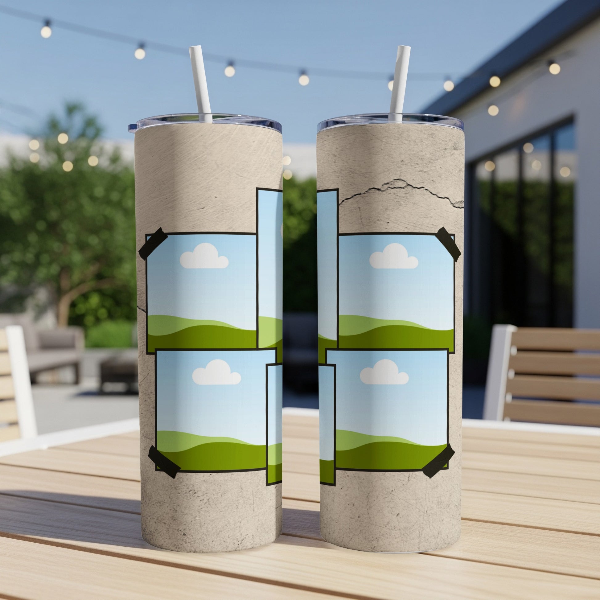 Two tumblers with taped-on framed landscape photos of clouds and hills.