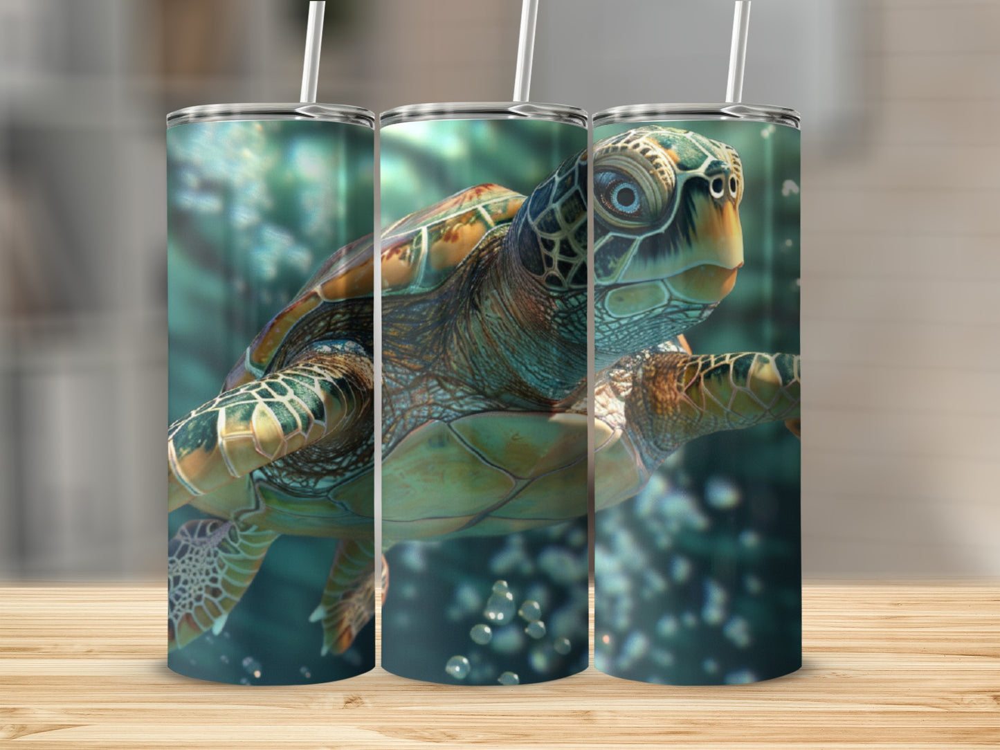 Sea turtle swims underwater with bubbles, three tumblers shown.