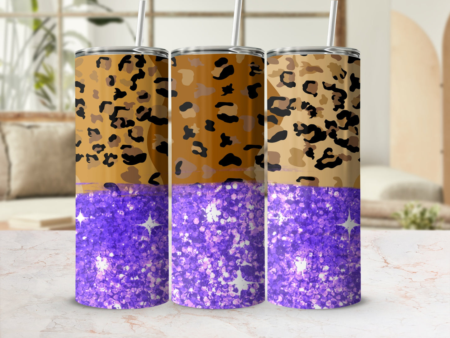 Purple Glitter and Leopard Print Tumbler Cup