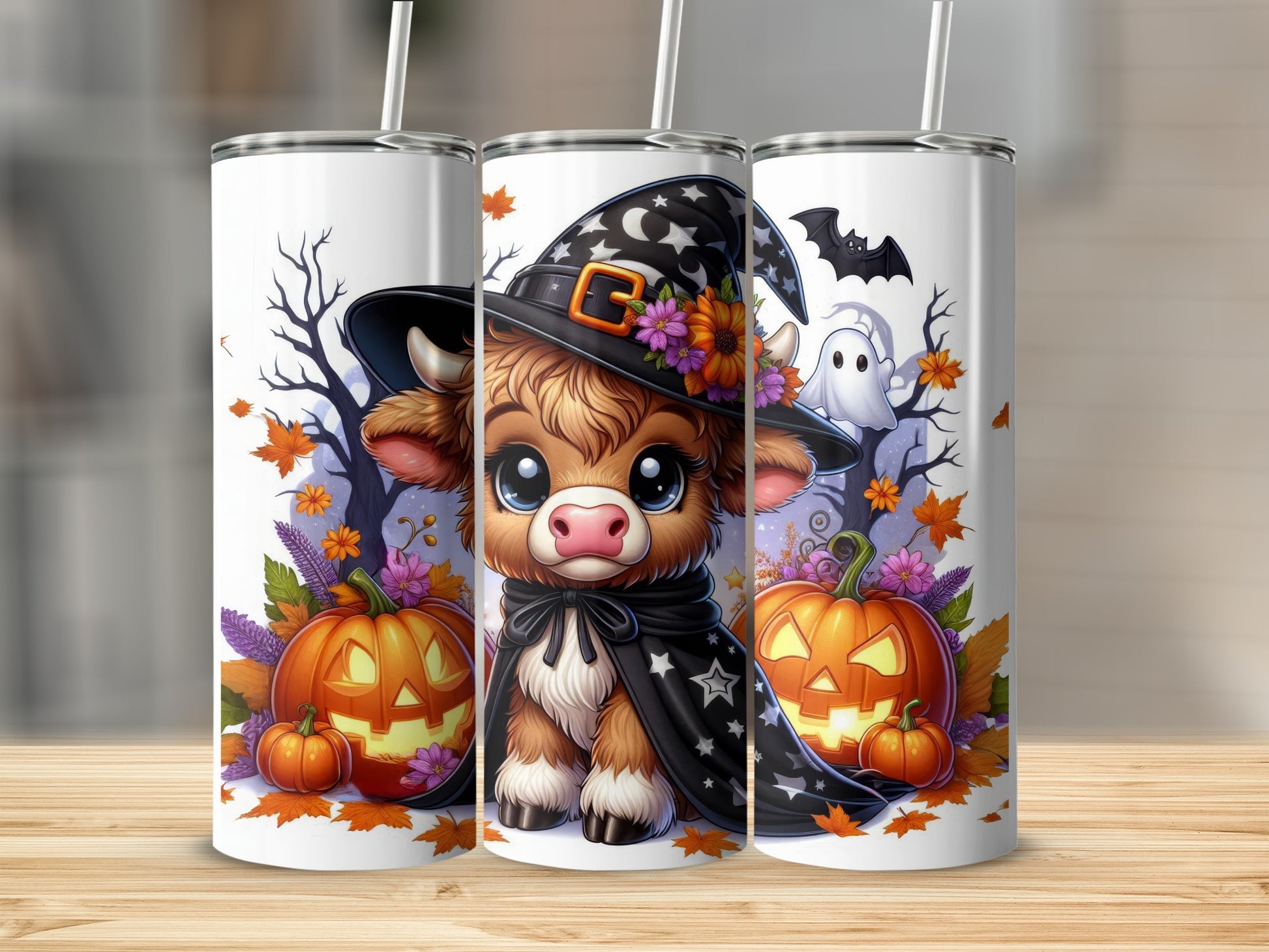 Cute cow in witch hat with pumpkins and ghosts on Halloween tumblers.