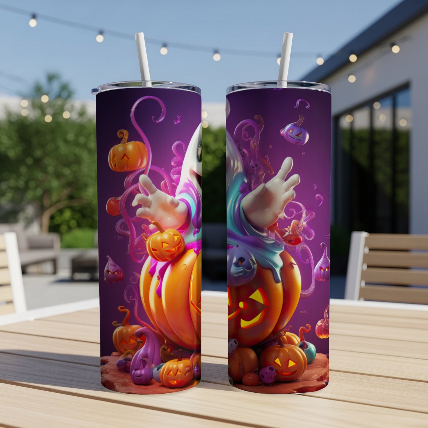 Halloween tumbler with ghost, pumpkins, and swirls on a purple background.