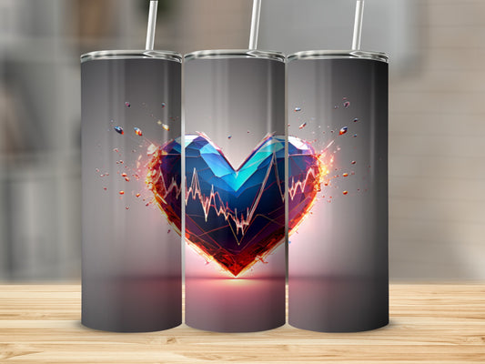 3D faceted heart with cardiogram inside, glowing with light.