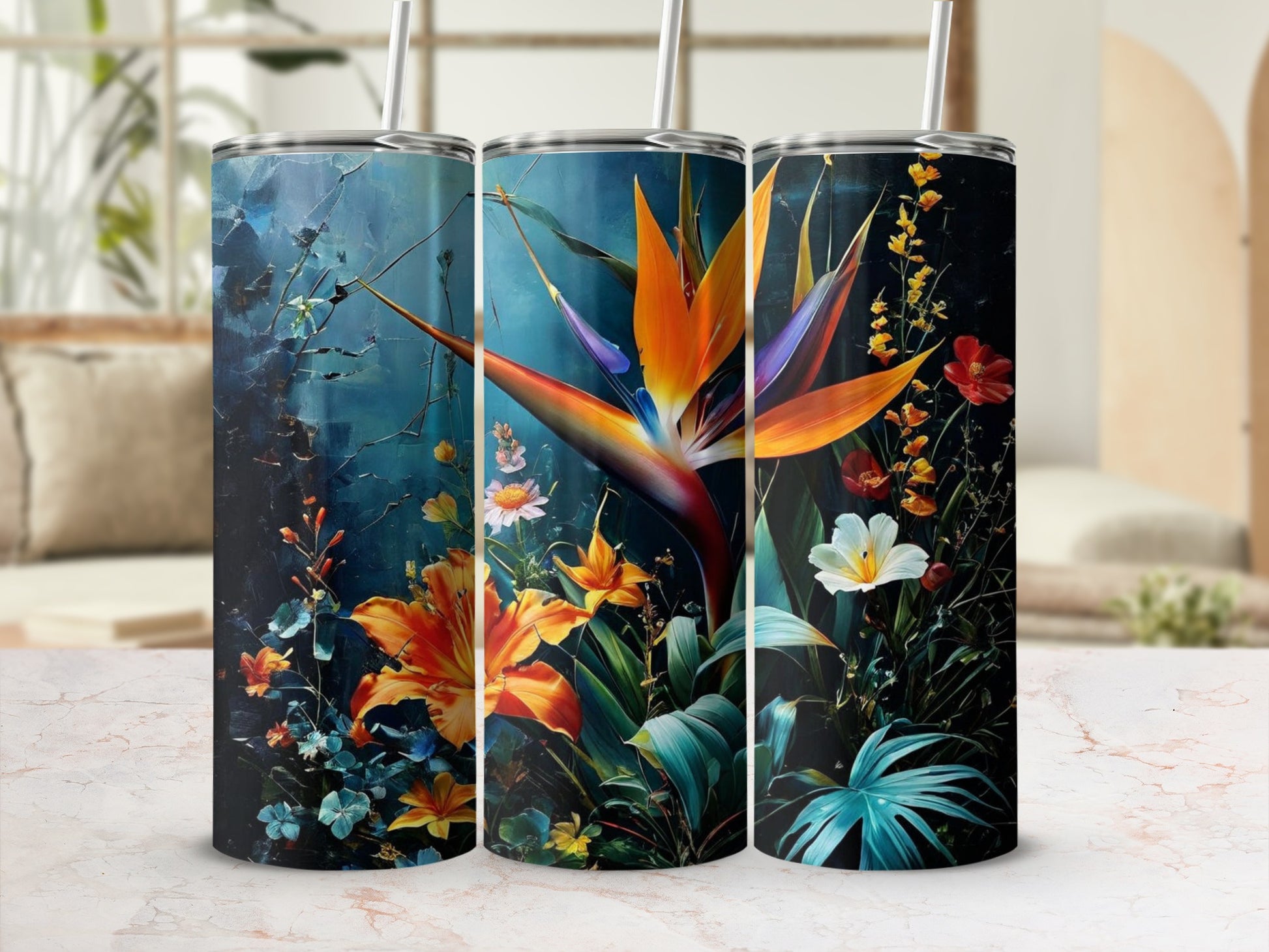 Bird of paradise and lily floral design on three tumblers.