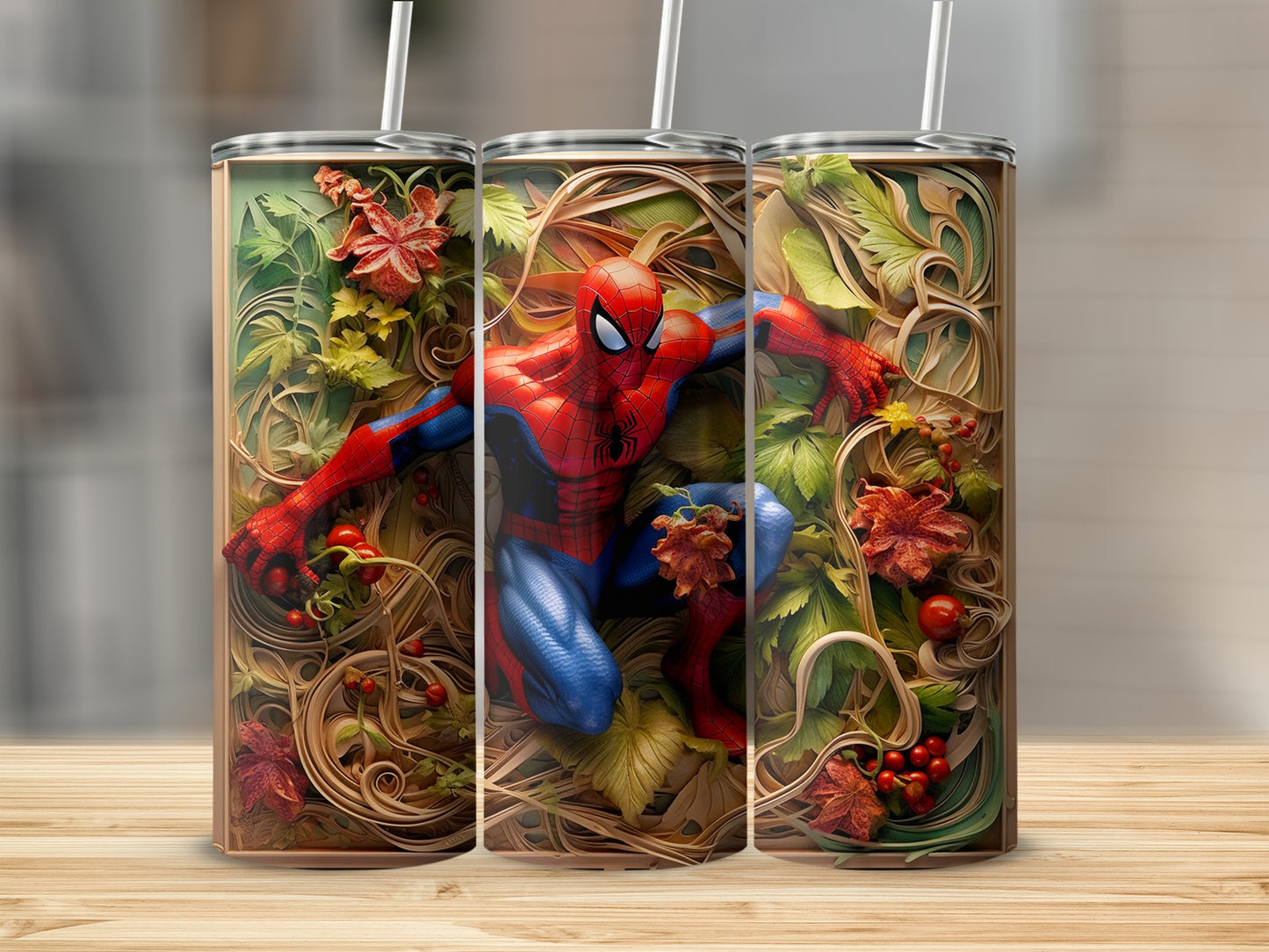 Spider Hero Art Tumbler with Autumn Leaves Design Tumbler