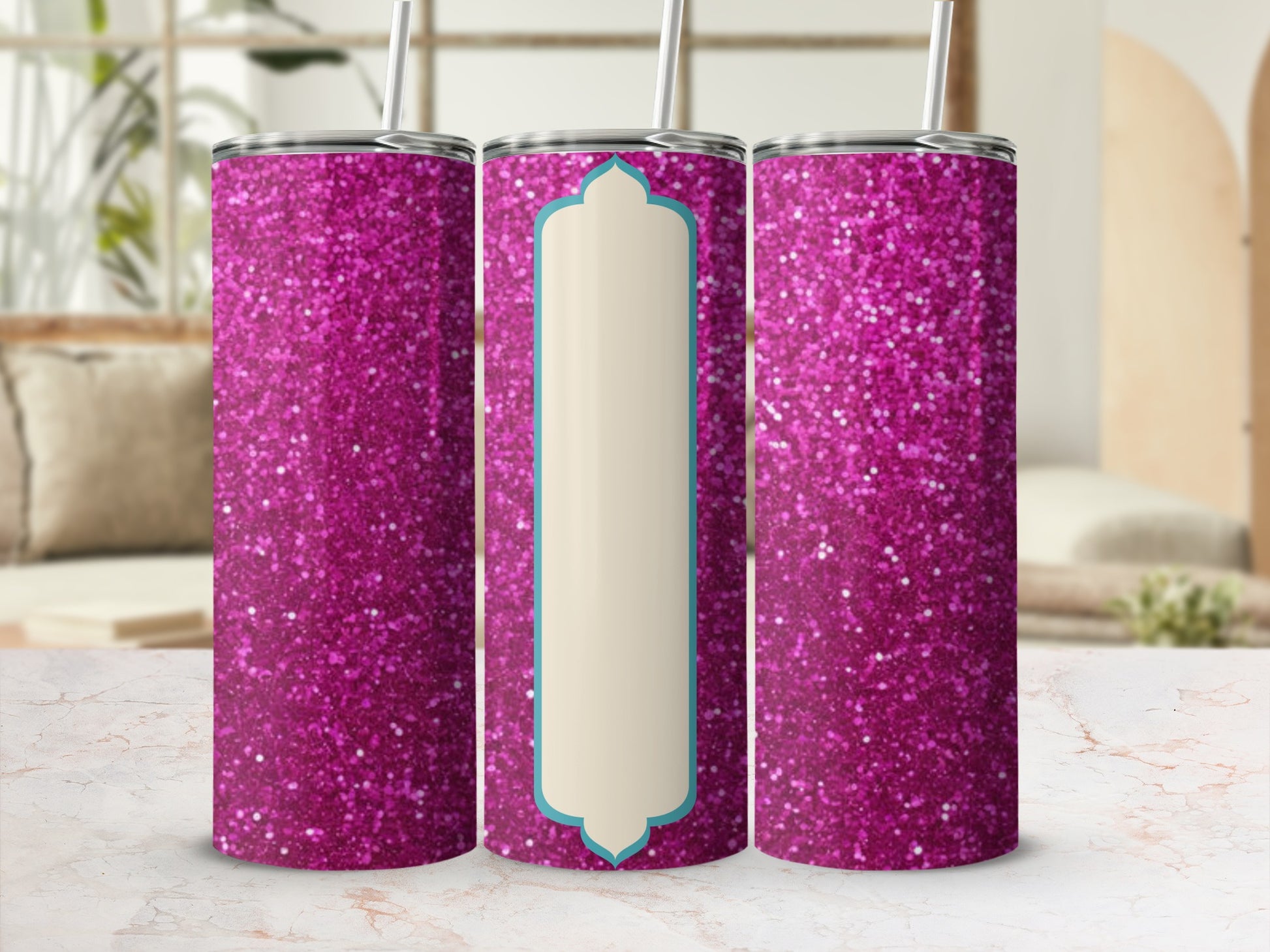 Glittering pink tumbler with a teal framed blank label.