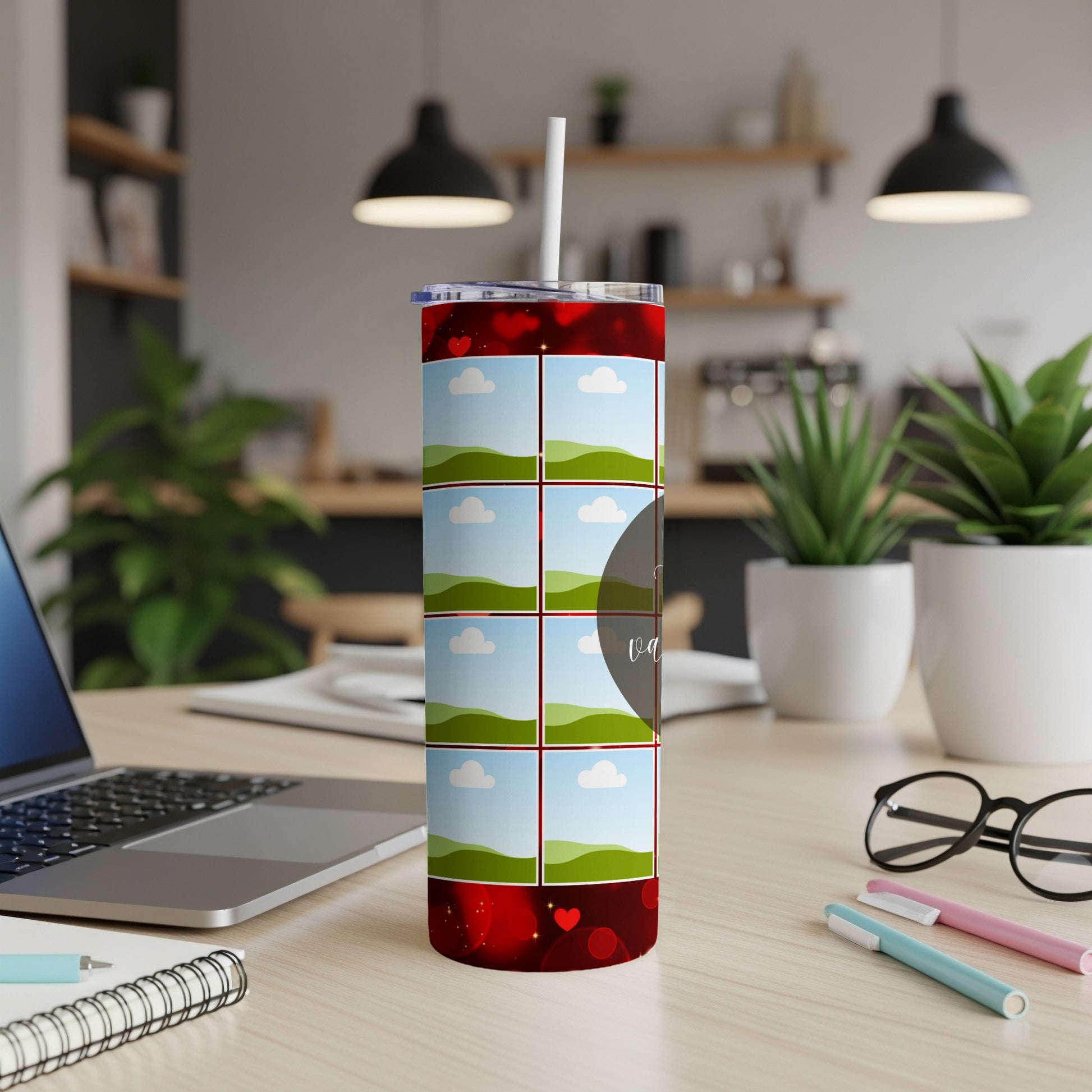 Collage tumbler with photo placeholders and a grey circle with text.