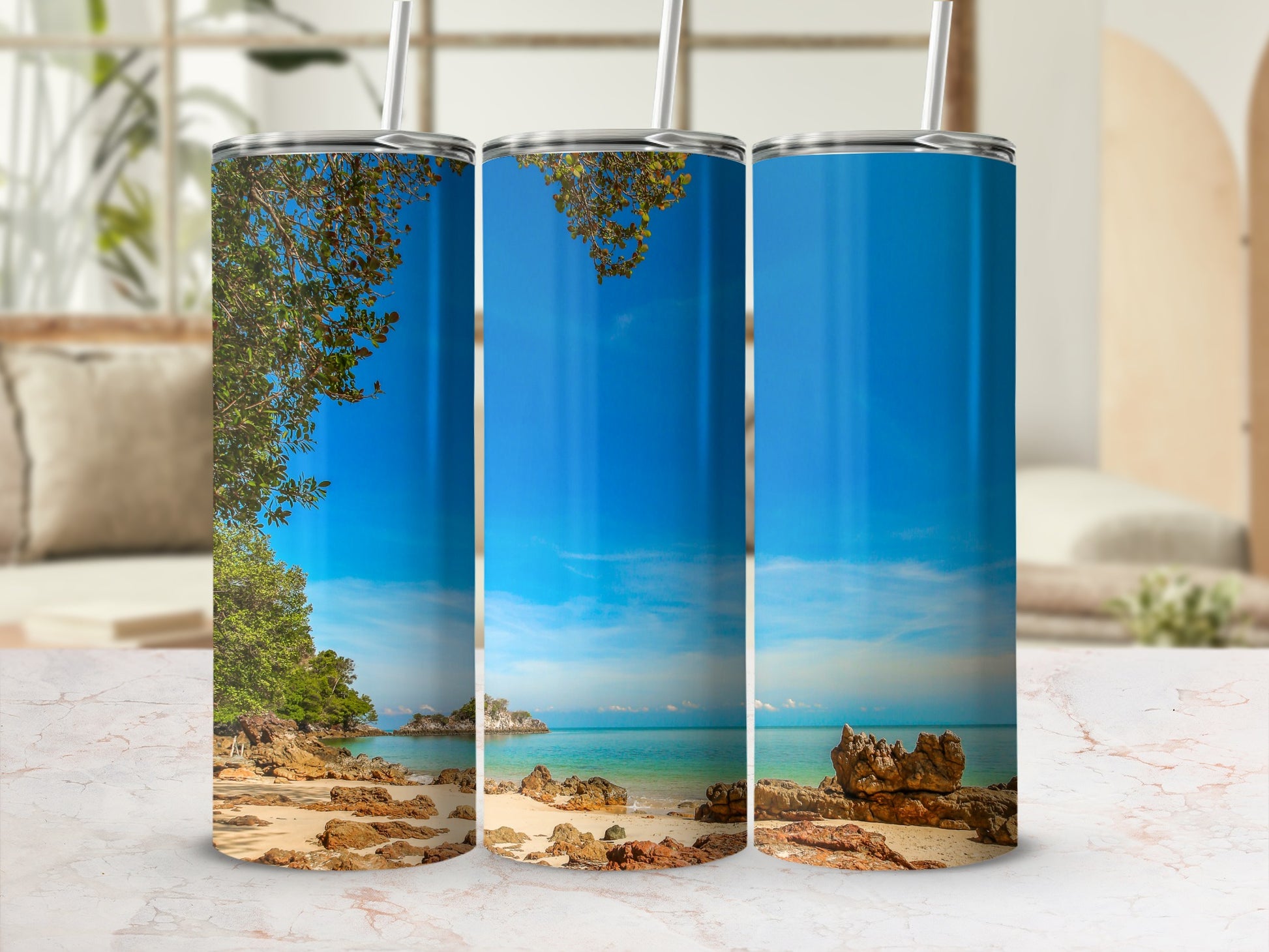 Tropical Beach Scene with Clear Sky Tumbler