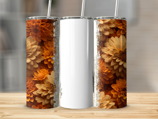 White tumbler with autumn floral pattern and glitter accent.