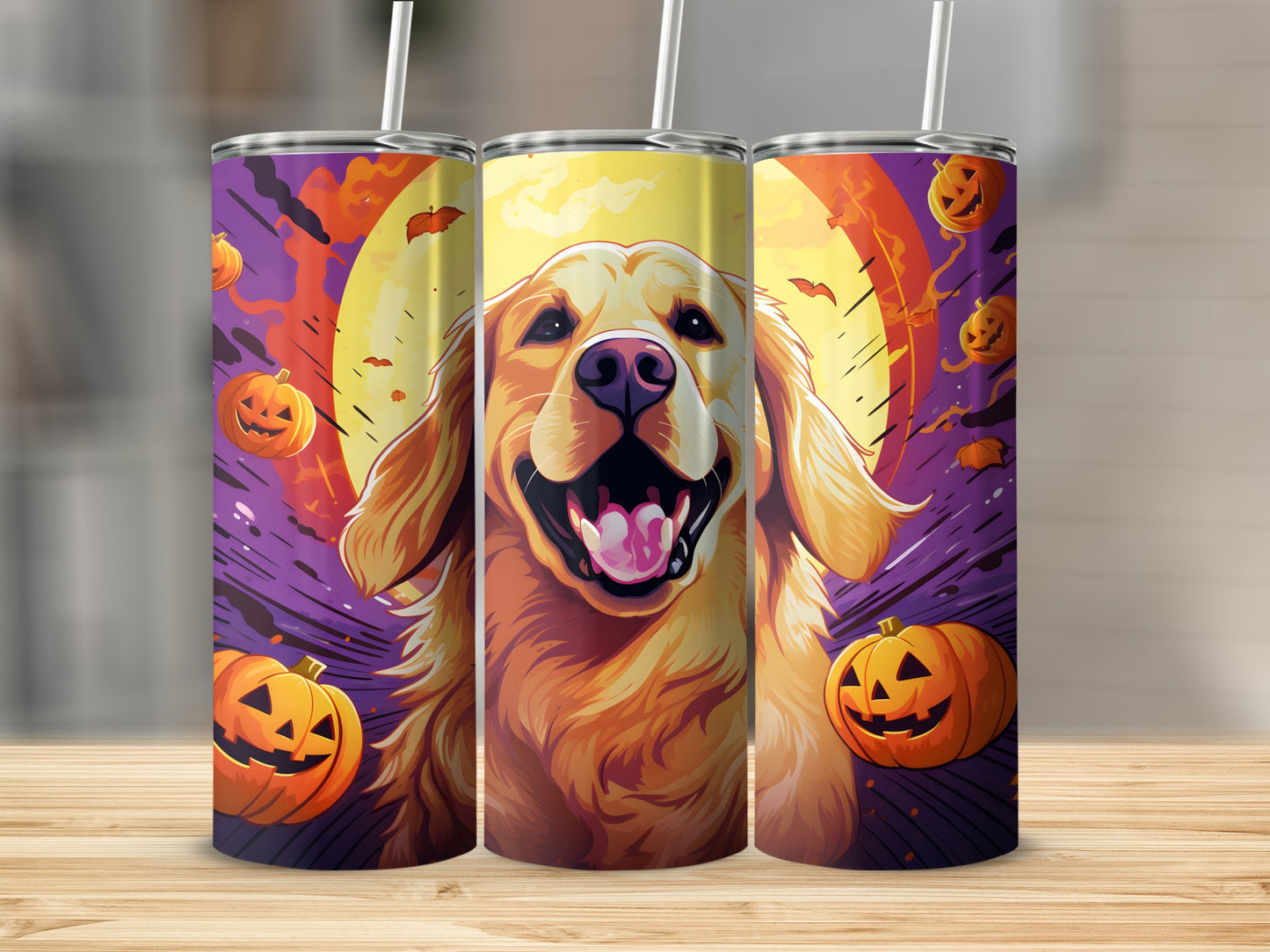 Three tumblers with a Golden Retriever and Halloween pumpkins against a large moon.