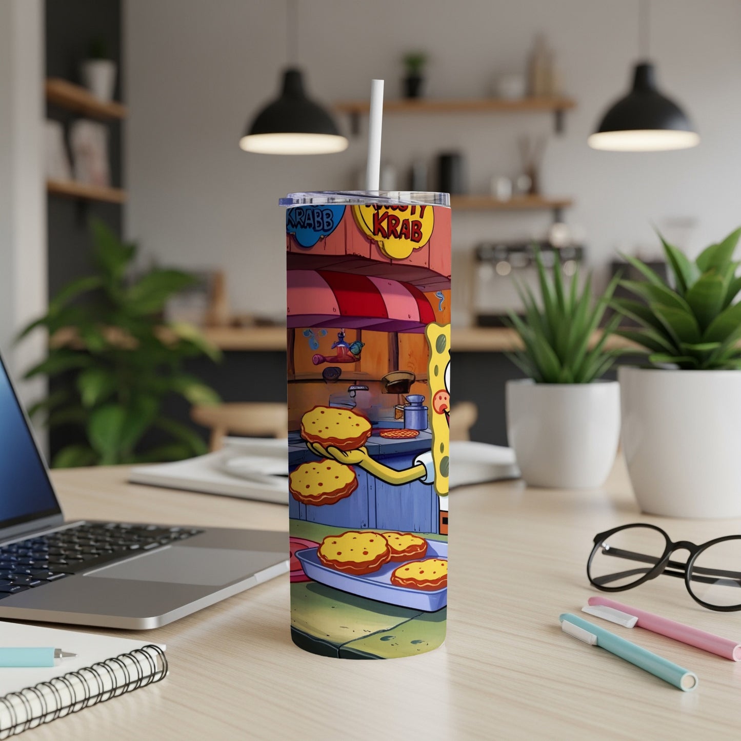 SpongeBob SquarePants holding Krabby Patties in a kitchen setting.