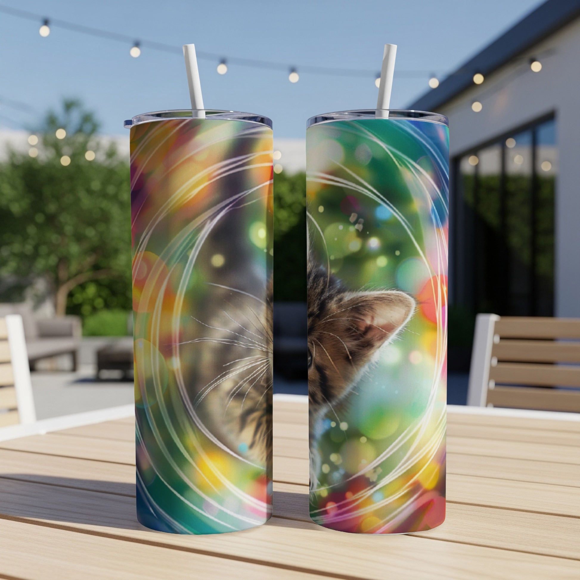 Two tumblers with a cat's face and colorful bokeh lights.