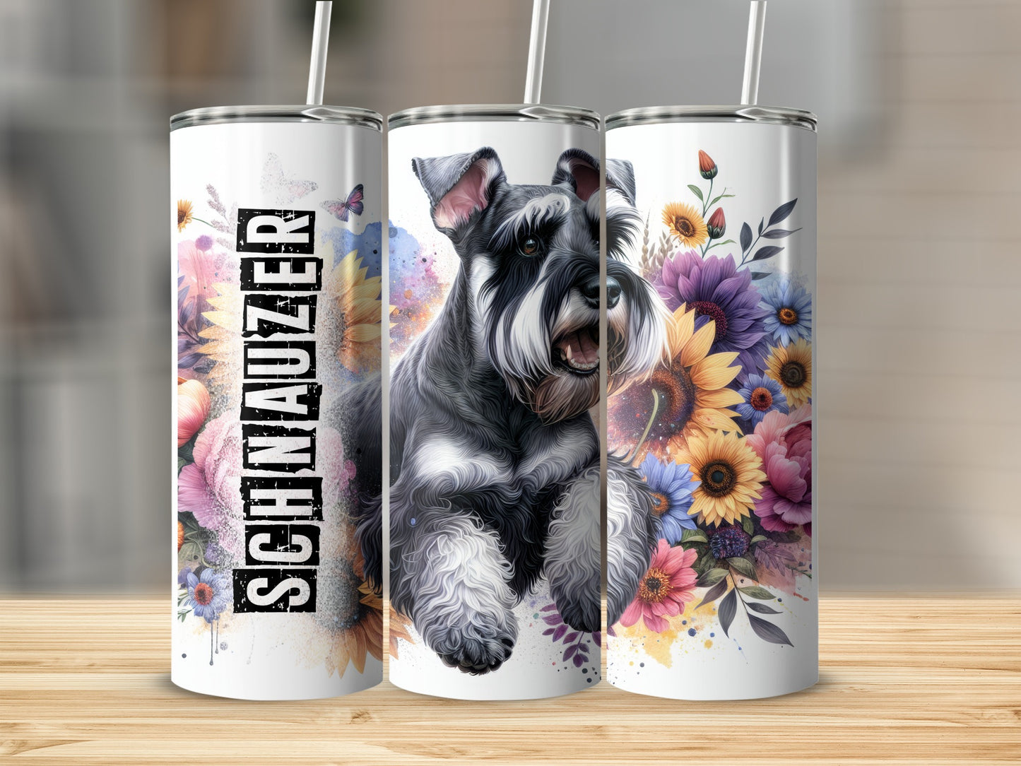 Schnauzer tumbler with sunflowers and floral accents.