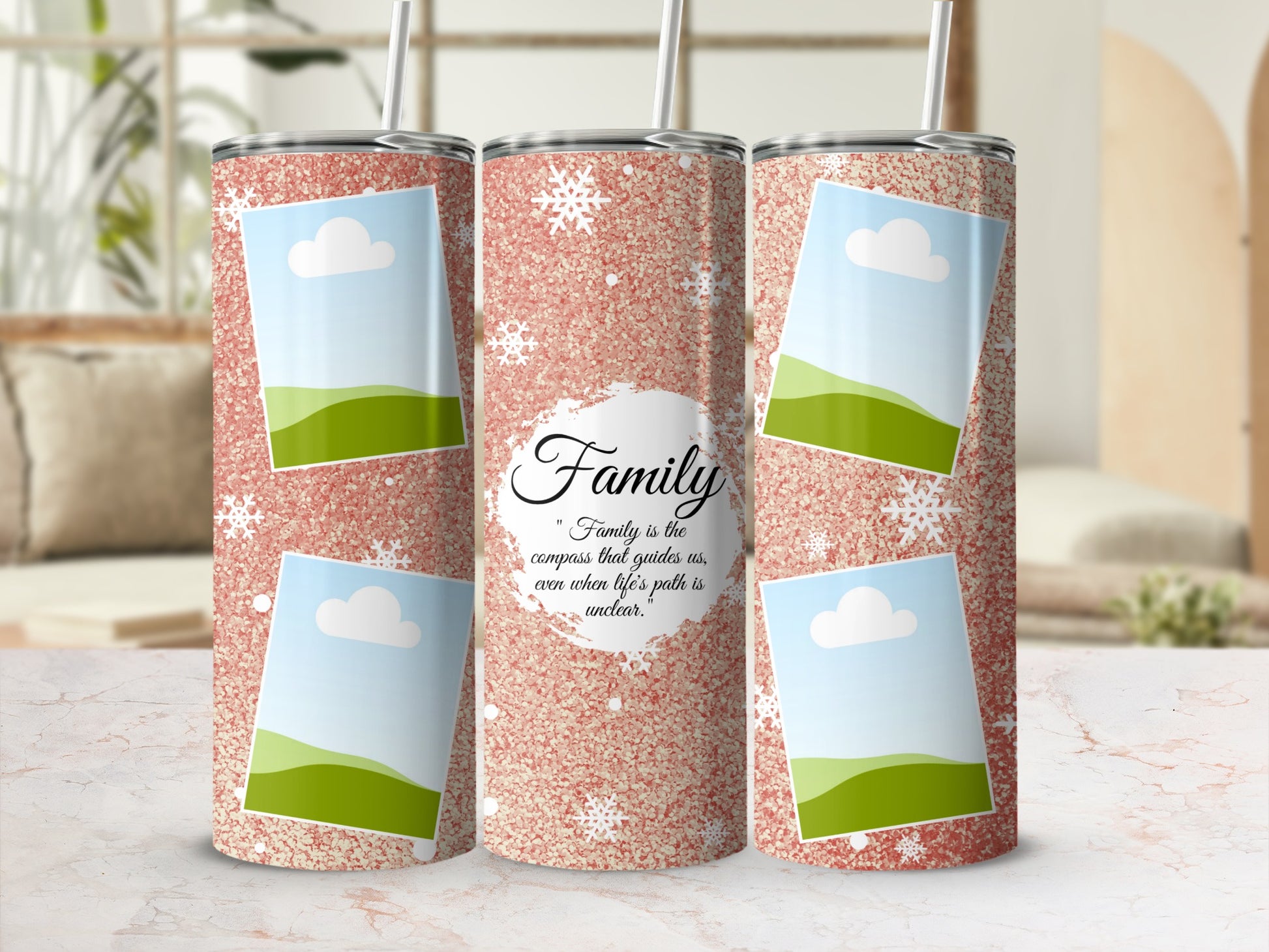 Glittery rose gold tumblers with snowflake accents and quote about family.