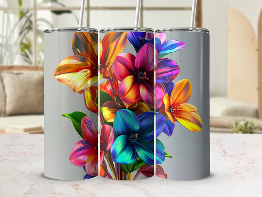 Three tumblers with vibrant, abstract floral designs.
