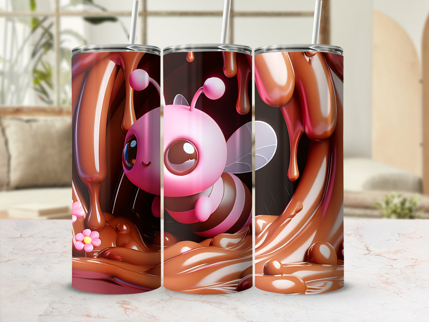 Adorable Pink Bee and Honey Art Tumbler with Straw Product