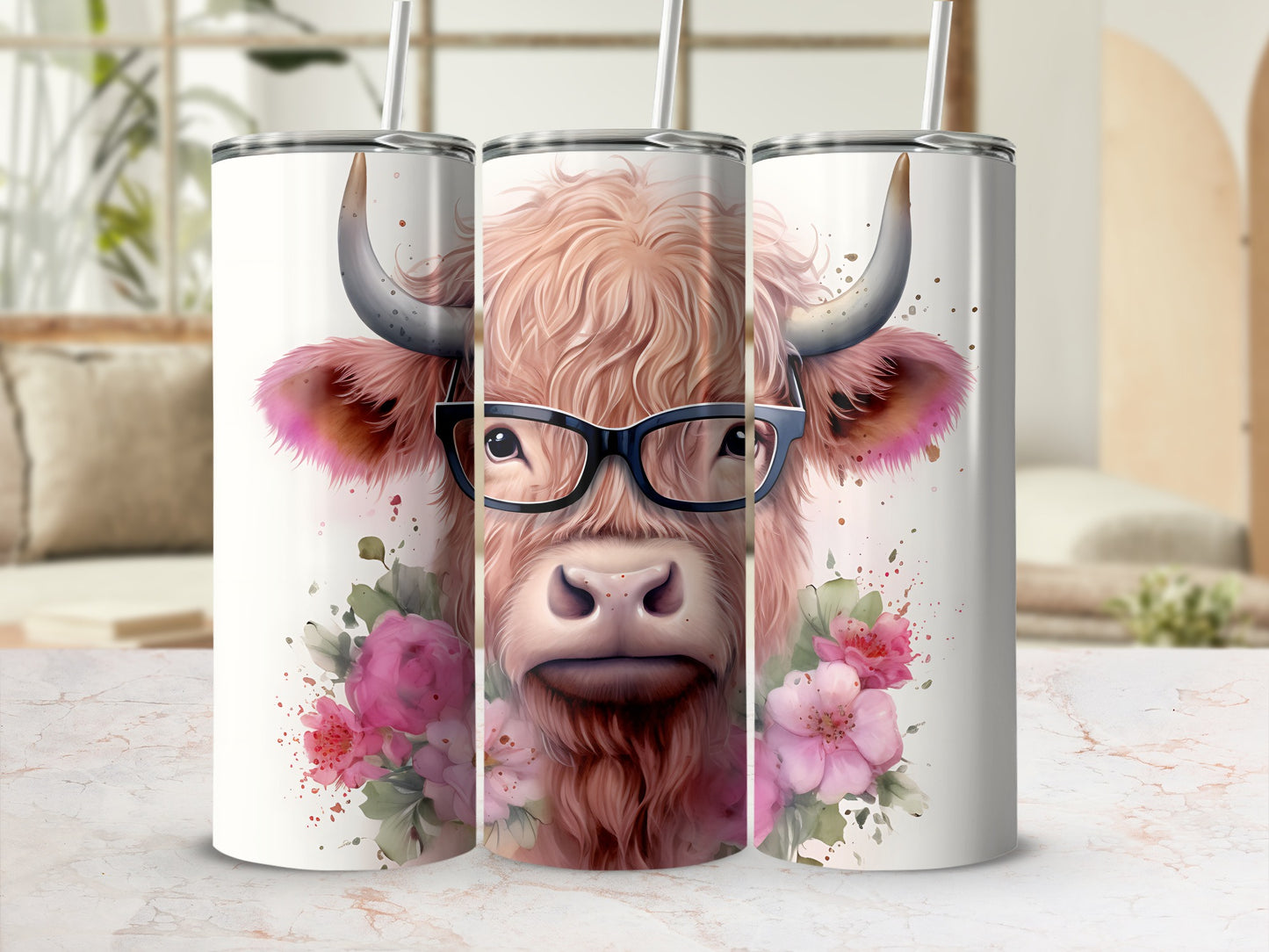 Highland cow wearing glasses, surrounded by watercolor flowers, on three tumblers.