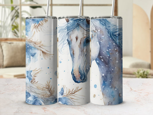 Three watercolor horse tumblers with blue and white floral accents.
