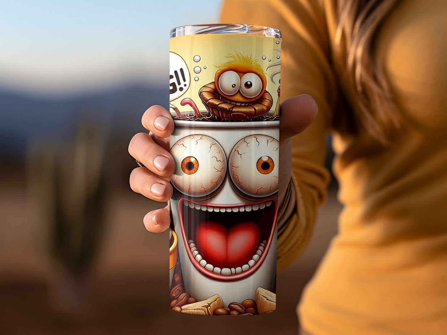 Funny Cartoon Crazy Coffee Mug with Big Eyes Artwork