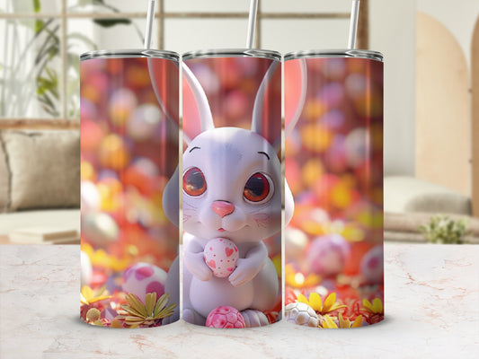 White bunny holding pink egg surrounded by Easter eggs and flowers.