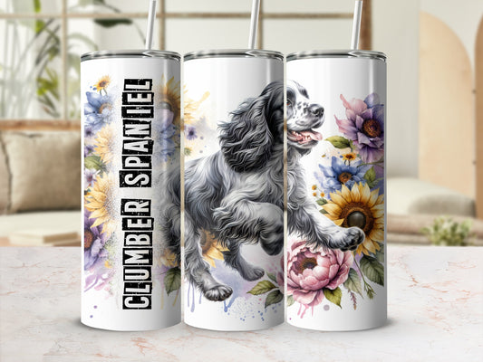 Clumber Spaniel with sunflowers and peonies on a white tumbler.