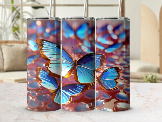 Blue butterflies on a shimmering, reflective surface.