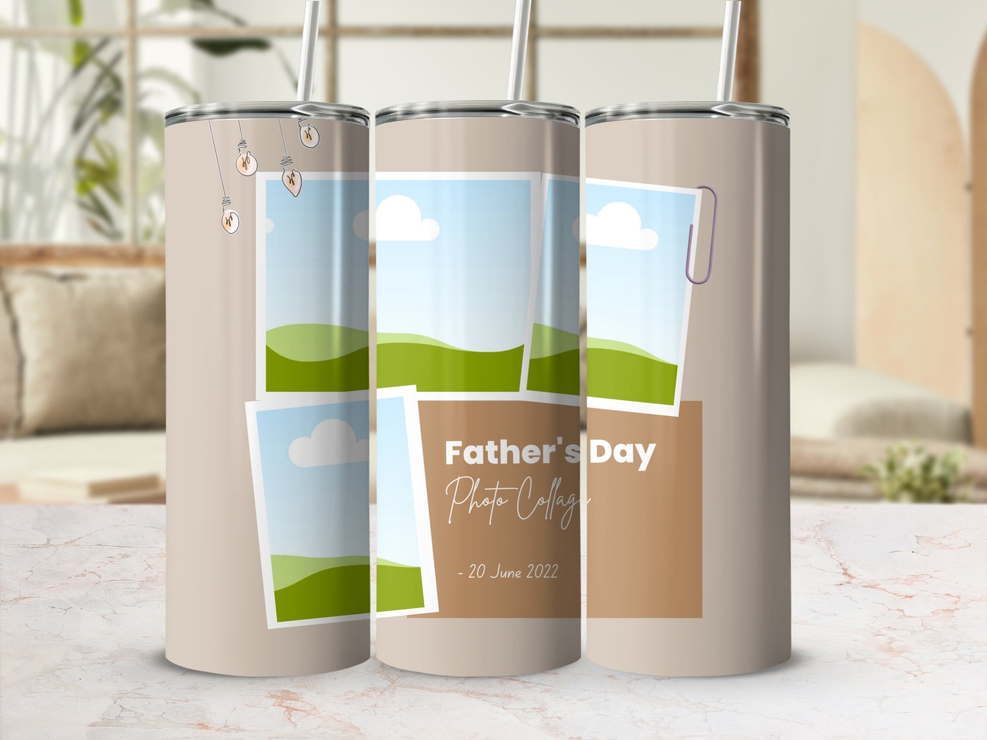 Tumbler with Father's Day photo collage design and light bulb accents.