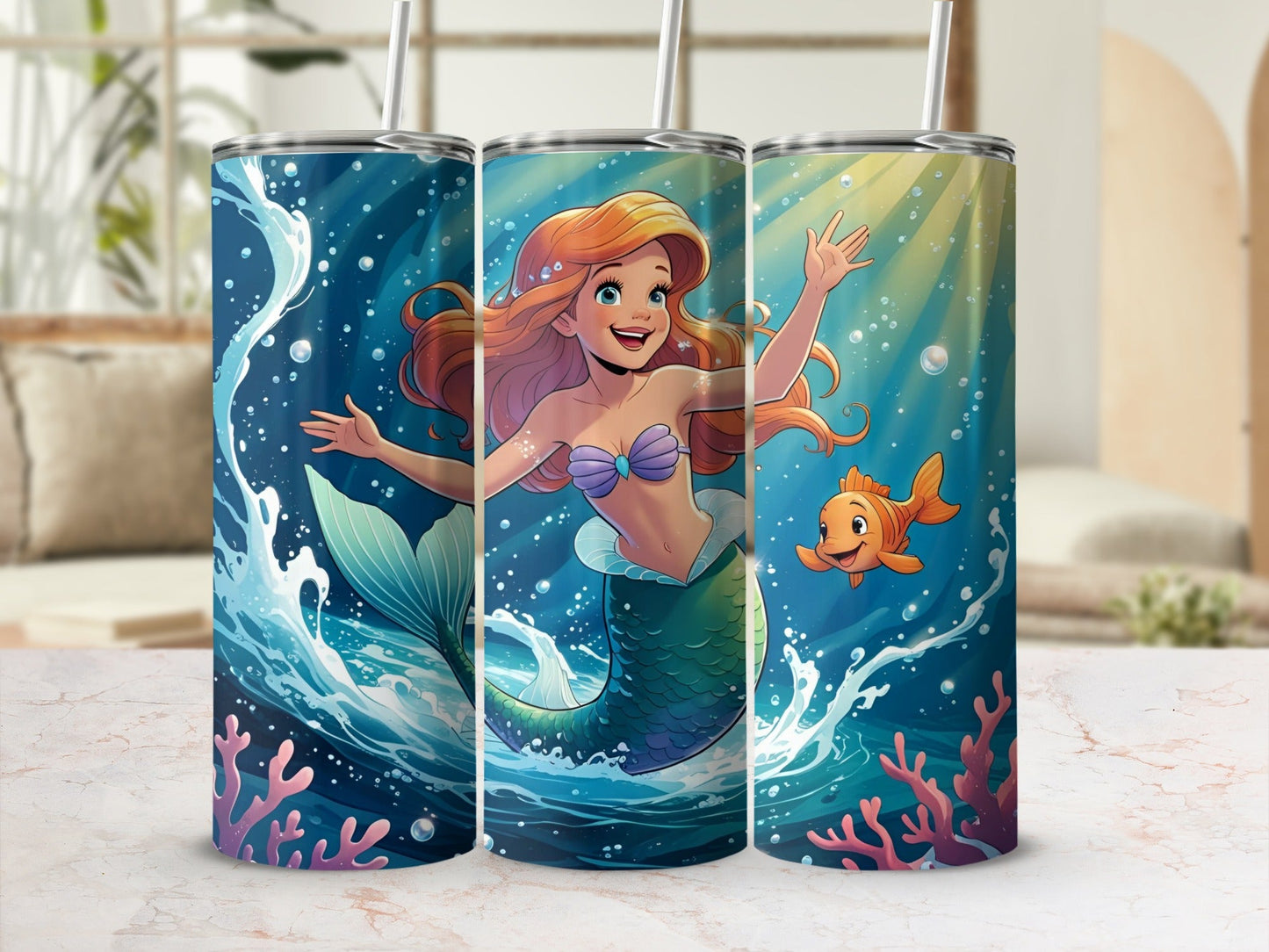Mermaid with orange hair, green tail, swimming with a fish in bubbly water.