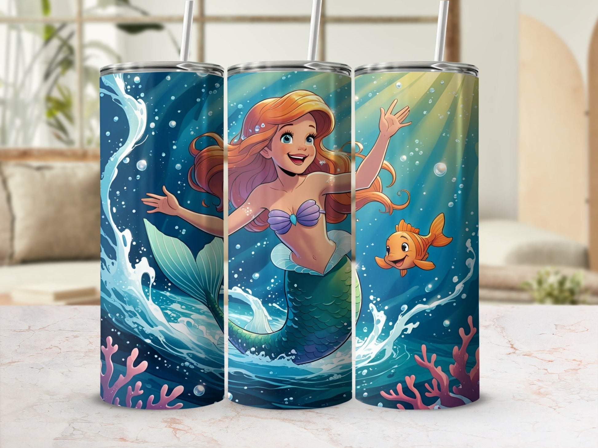 Mermaid with orange hair, green tail, swimming with a fish in bubbly water.