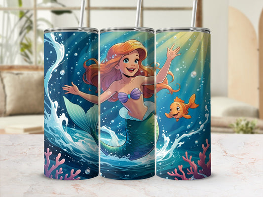 Mermaid with orange hair, green tail, swimming with a fish in bubbly water.