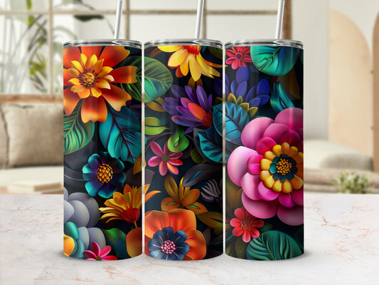 Three vibrant tumblers featuring colorful floral designs against a dark background.
