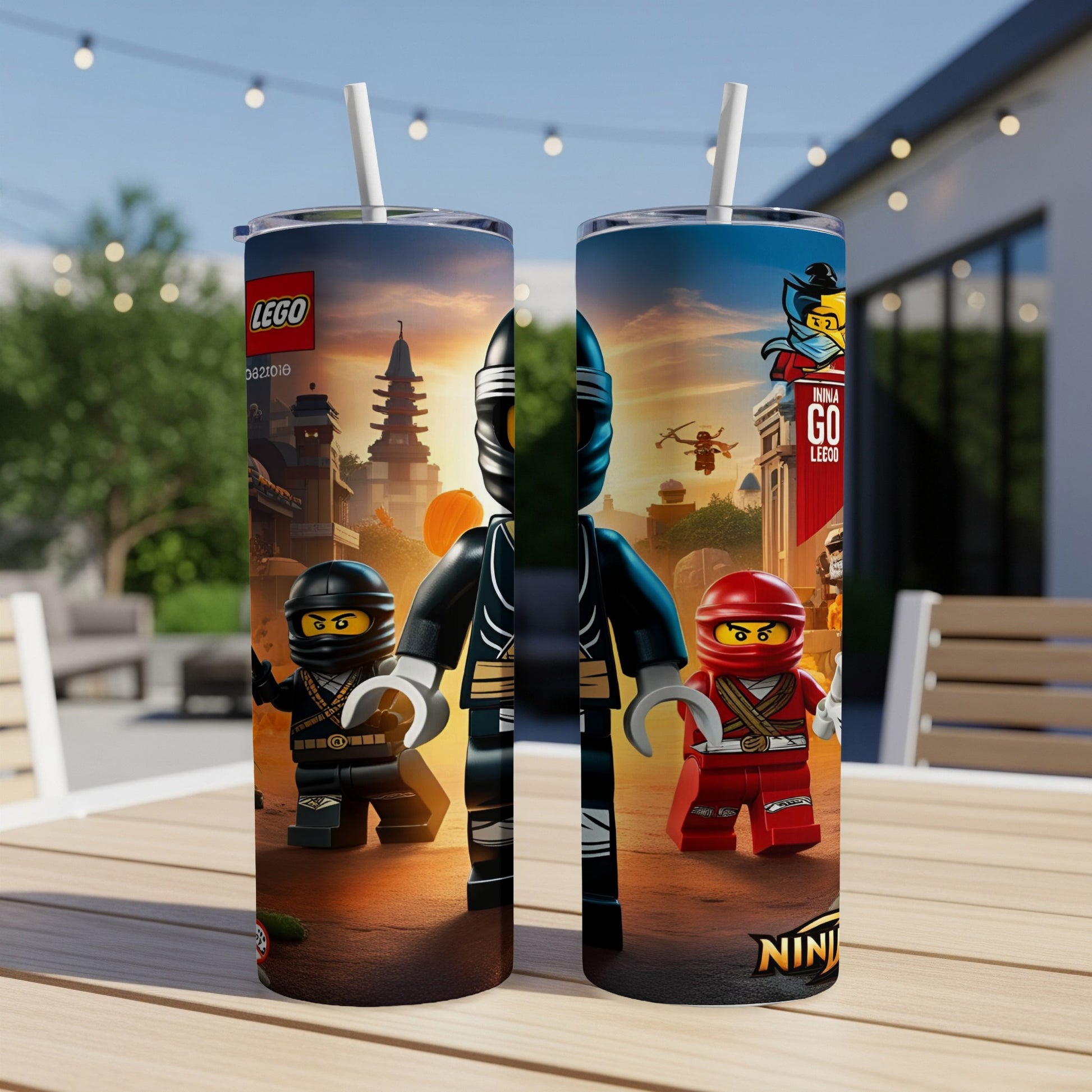 Two Lego Ninjago tumblers with Ninjago characters on a table.