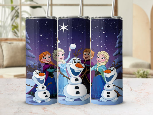 Olaf, Anna, and Elsa in a snowy forest scene.