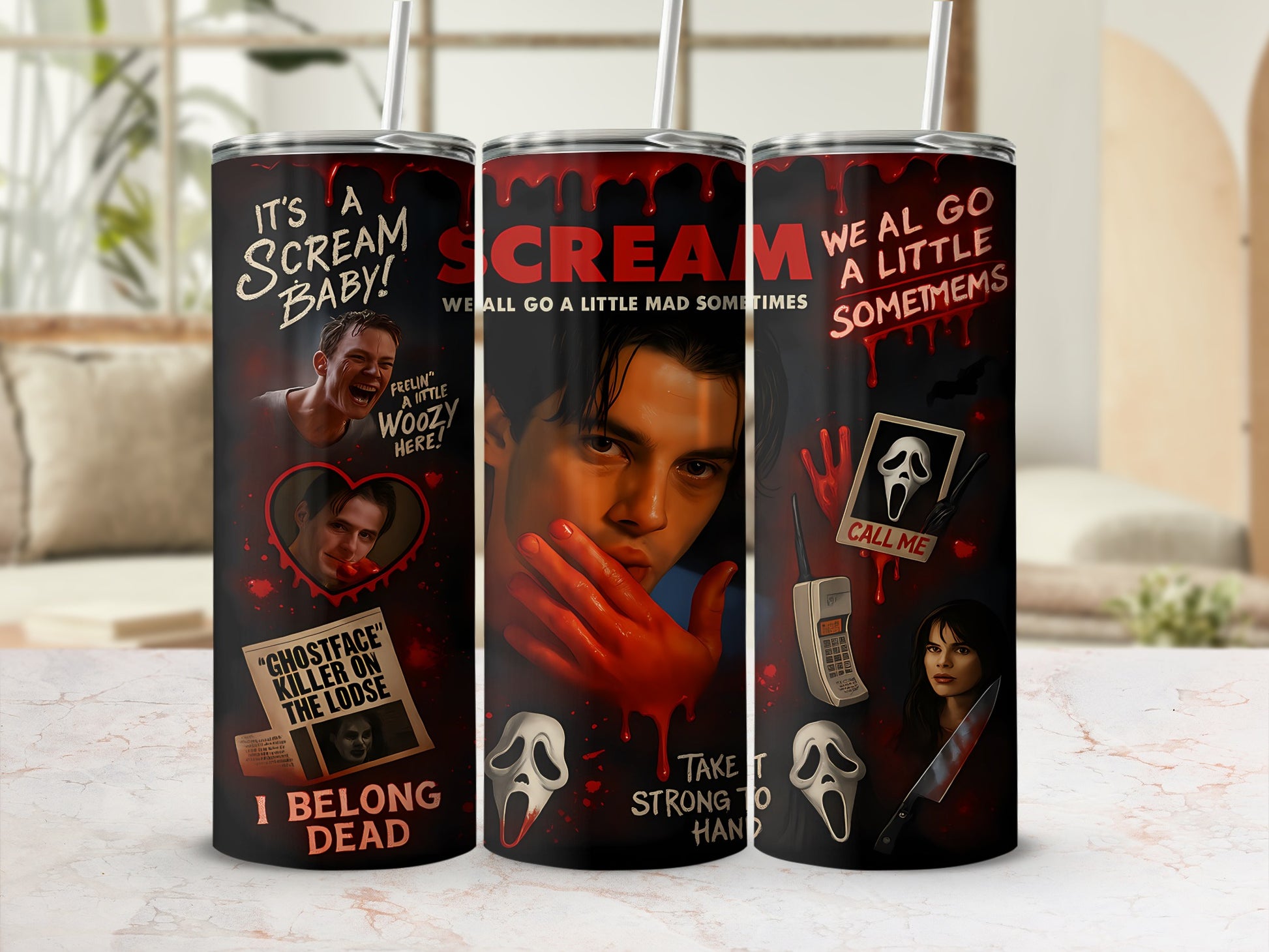 Scream movie themed tumbler with ghostface, characters, and quotes.