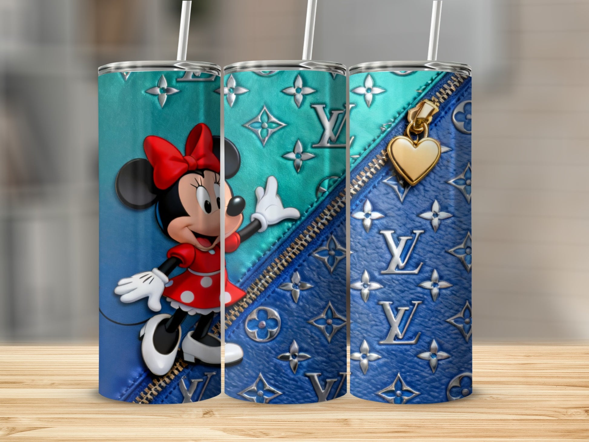 Minnie Mouse and LV logo on blue and teal tumblers with zipper detail.