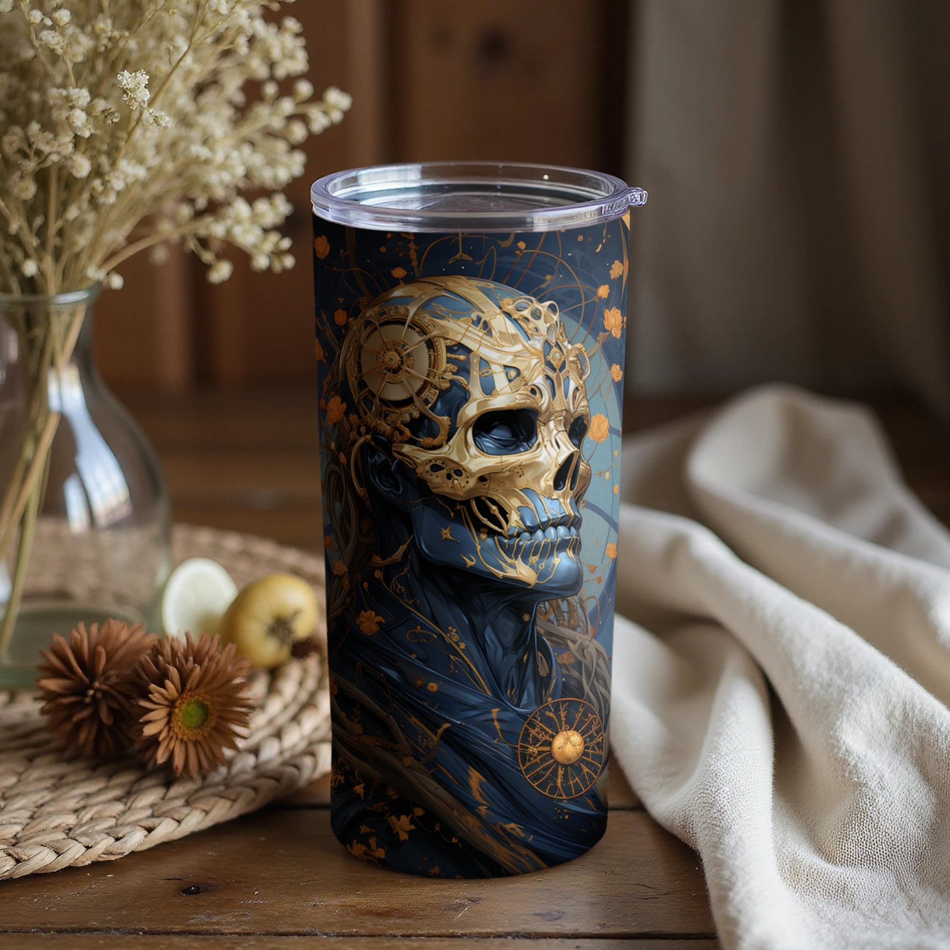 Steampunk Skull Design on Navy Blue Tumbler