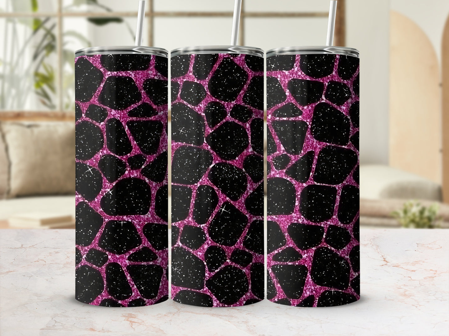 Pink Glitter Giraffe Print Tumbler with Straw product