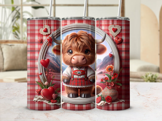 Cute highland cow in plaid outfit on Valentine's themed tumbler.